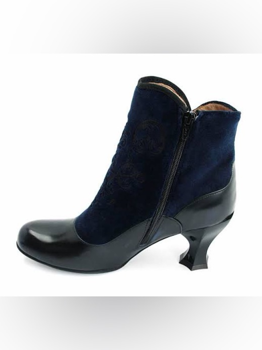 John Fluevog Lorrain Baroque Velvet Leather Boots Blue Black 9 GUC